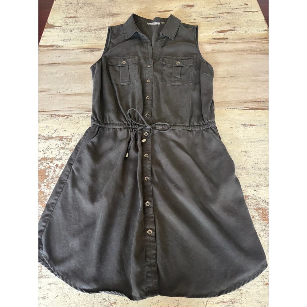 Dex shirt dress women sz small black sleeveless tencel drawstring waist safari